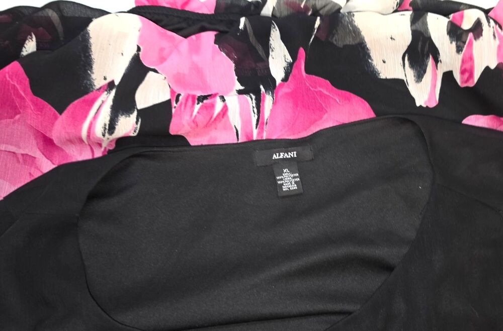 Alfani Black Pink Floral Blouse Shirt Top Size XL Romantic Layer Sleeves - Picture 3 of 3